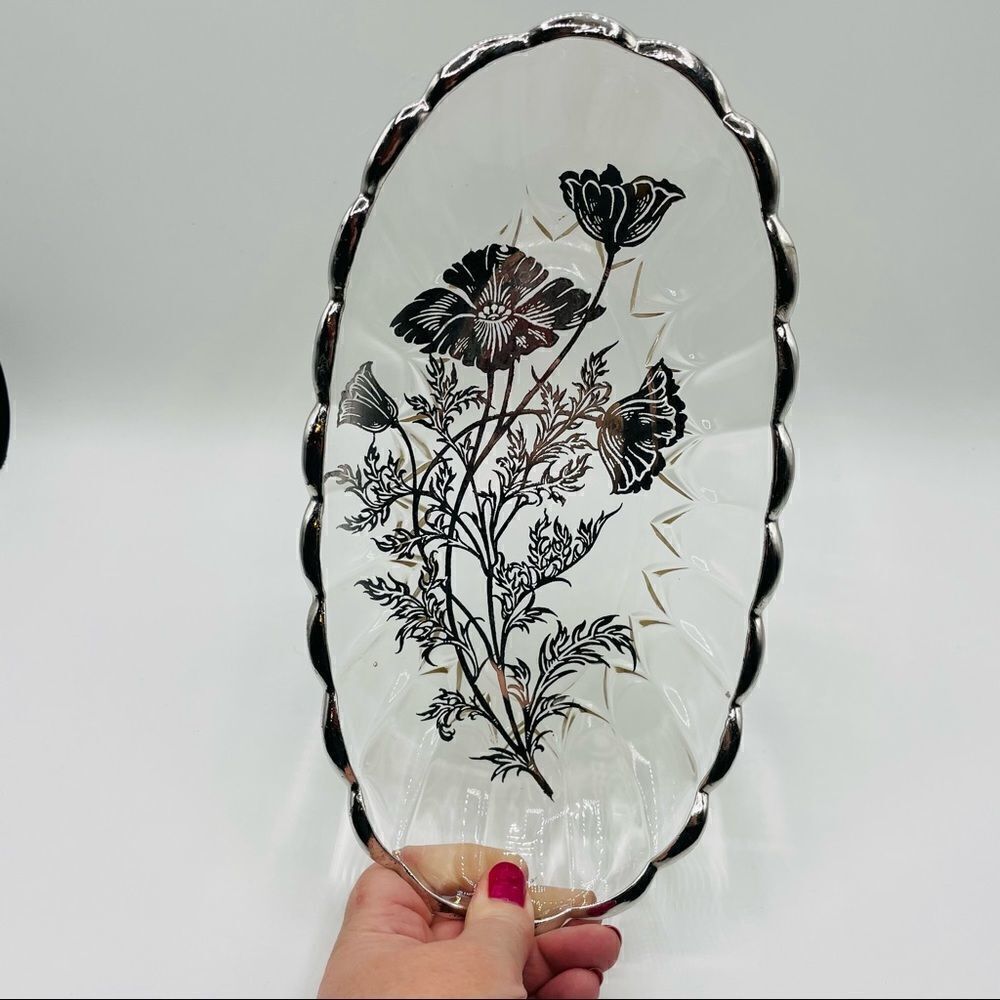 Vintage Floral Silver Overlay Scalloped Serving Dish